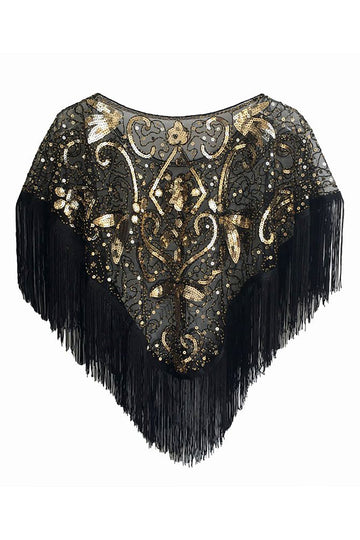 Sequined Black Golden 1920s Cape With Fringes